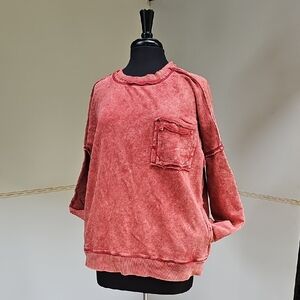 Casual Distressed Red Sweatshirt with Pocket Pullover